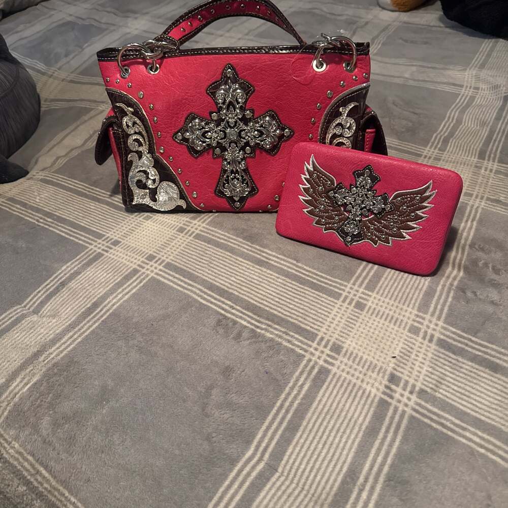Western Handbag Rhinestone Cross Angelic Wings Concealed Carry Purse and Wallet,